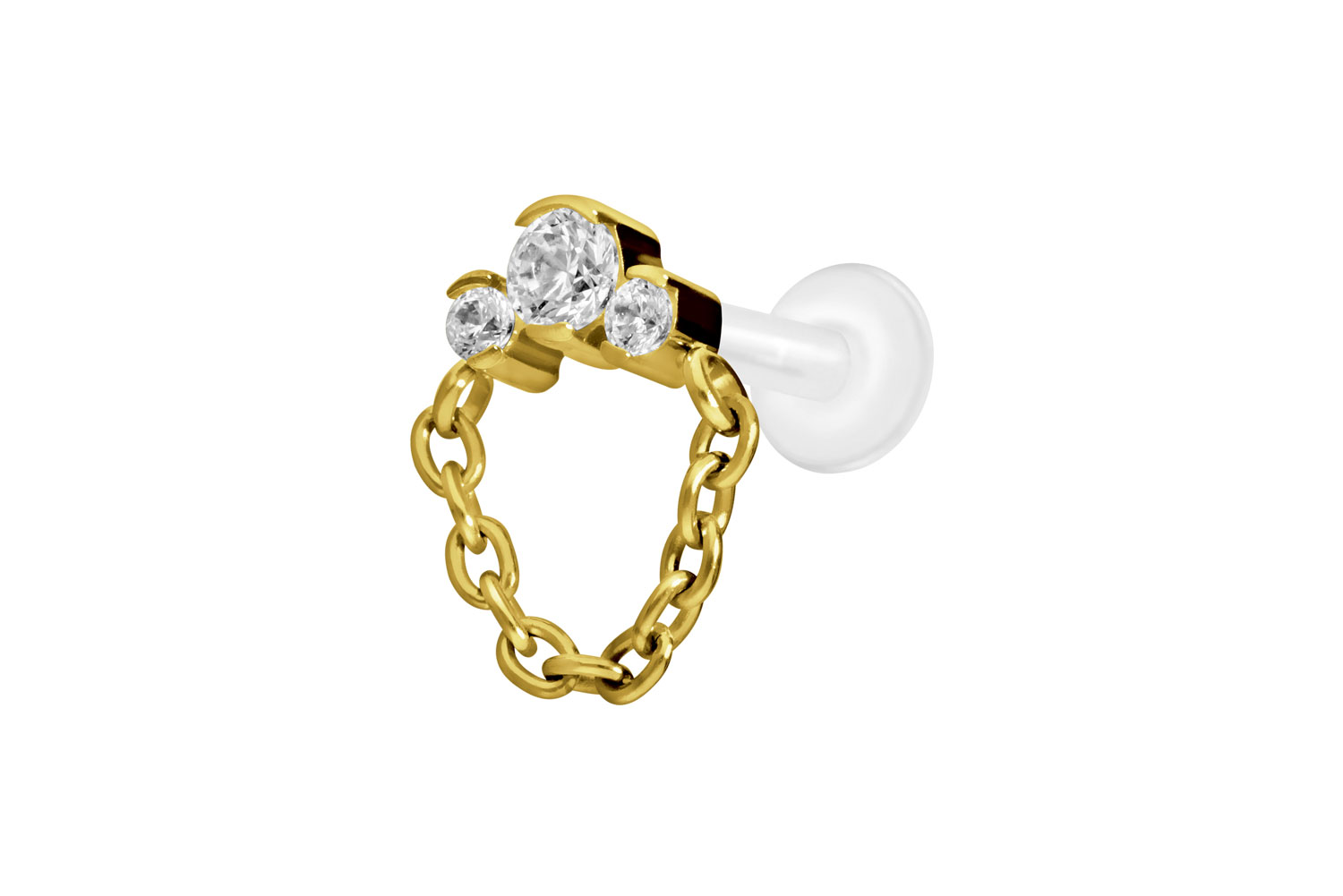 PTFE Labret Piercing mit Innengewinde + Titan-Aufsatz 3 EINGEFASSTE KRISTALLE + KETTE